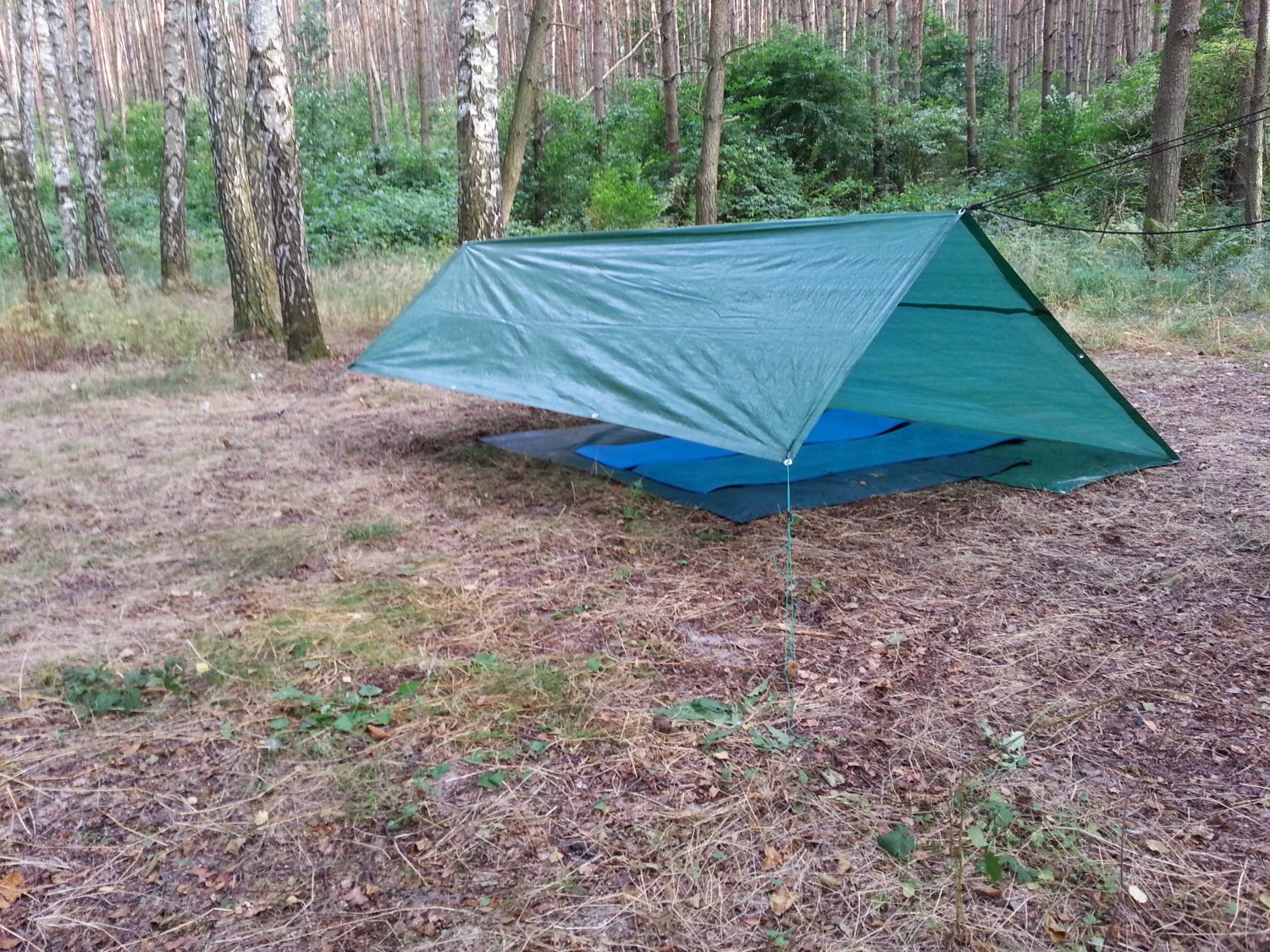 Biwak pod tarpem w lesie, plandeka ogrodowa jako namiot.
